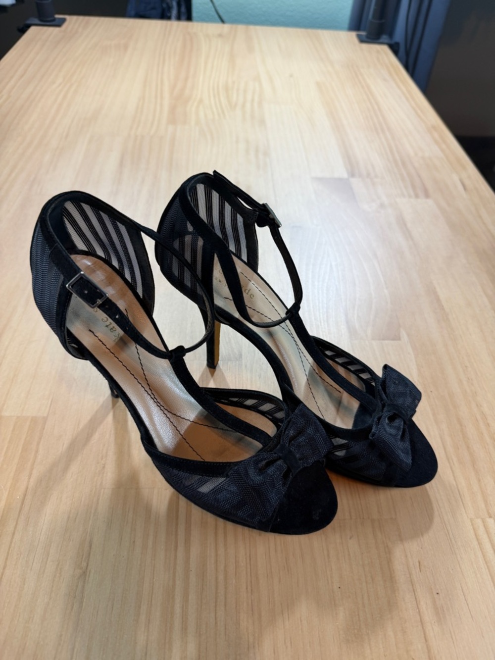 kate spade Black T-Strap Mesh Heels with Bow Accent B10
